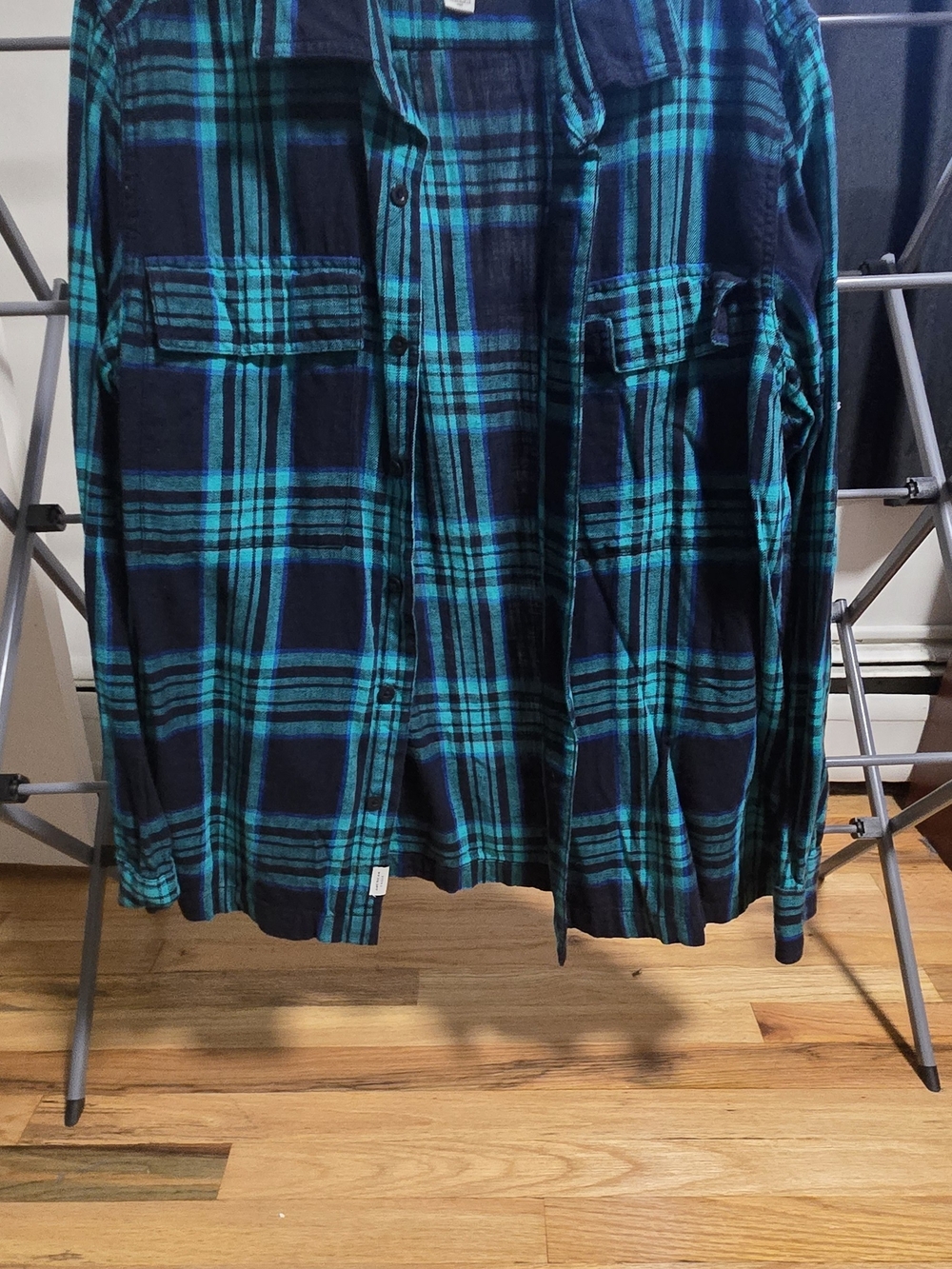 American Eagle Outfitters Teal and Black Plaid Button-Down Shirt